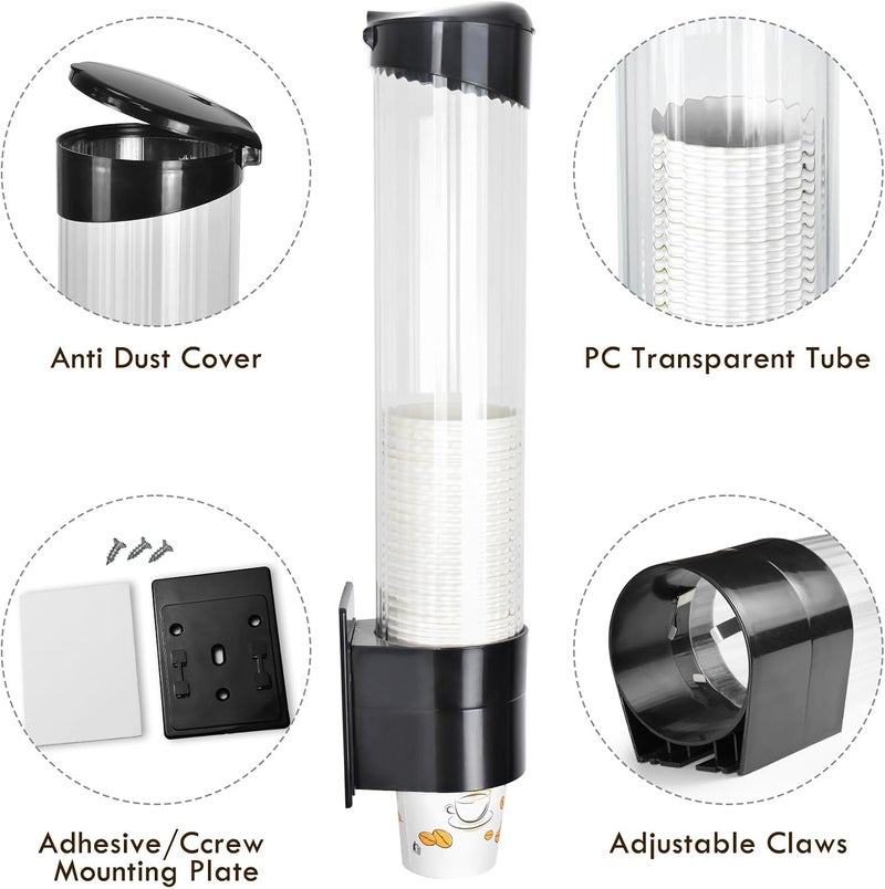 LBTING Cup Dispenser, Water Cooler Pull Type Cup Holder Fits 5oz - 7oz Cone or Flat Bottom Cups, Paste or Screw Plate Wall Mount, 16" Tube Length Black - Image 3